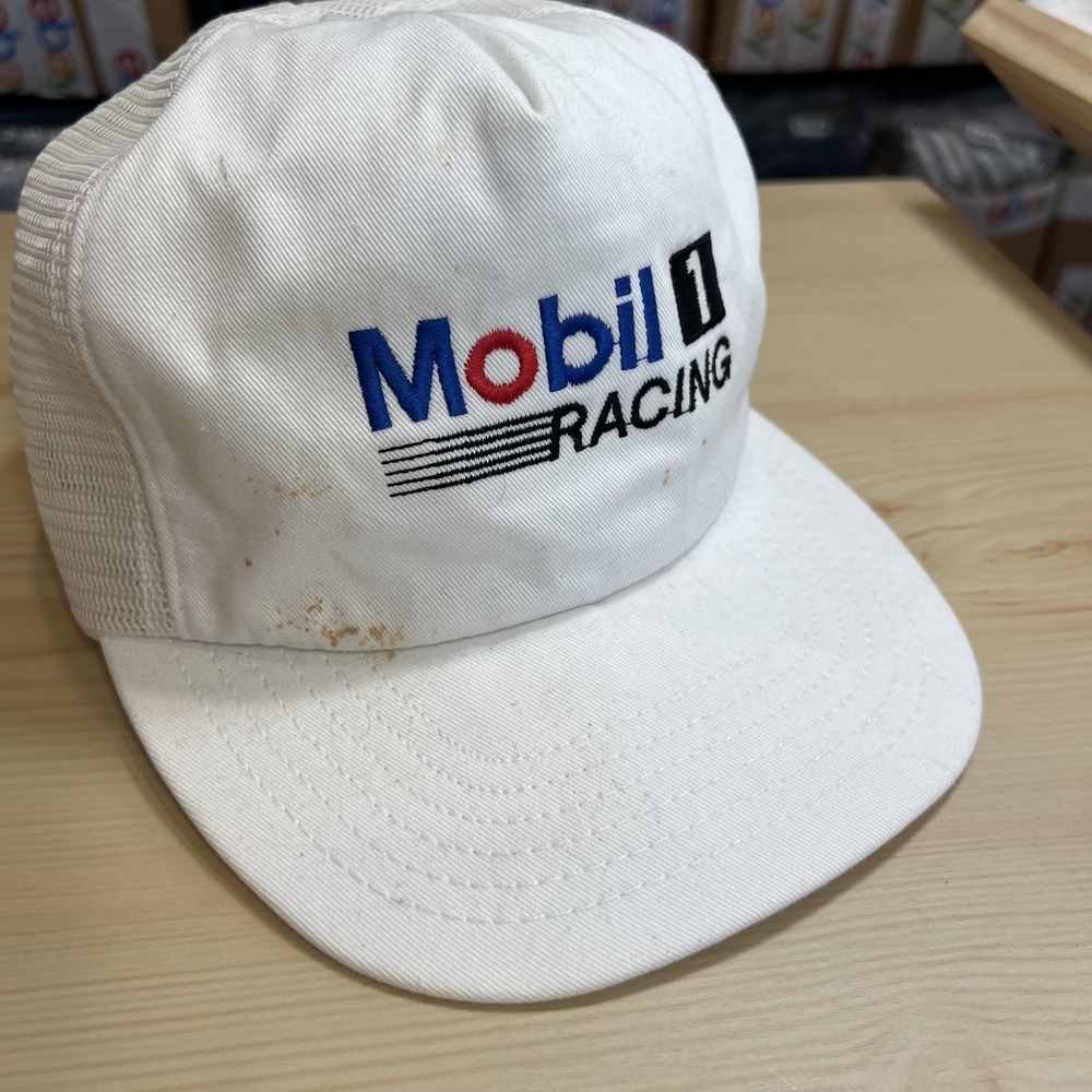 Vintage STANGE Mobil 1 Racing Hat Cap Snap Back Mens One Size White Trucker